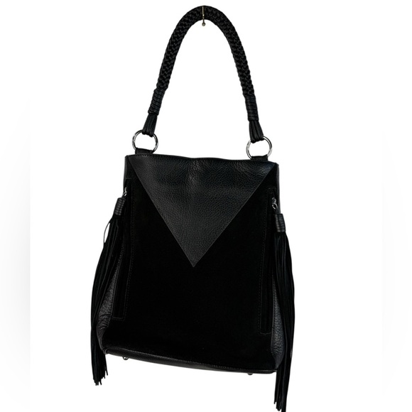 Sam Edelman Monica black fringe suede & leather bucket shoulder/crossbody purse - Picture 1 of 12